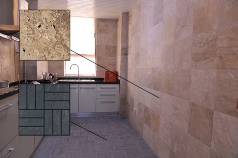 用三種石材(青石、洞石、花崗巖)打造的廚房裝飾