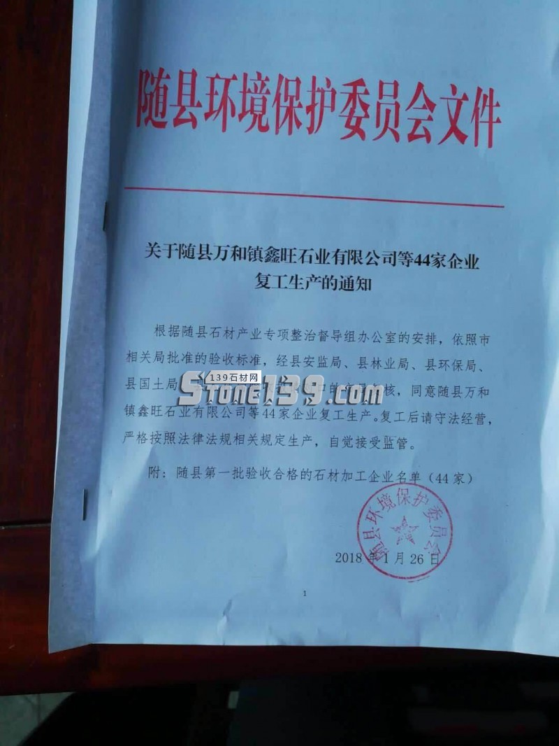 關于湖北省隨州市隨縣石材產業第一批驗收合格的石材加工企業名單