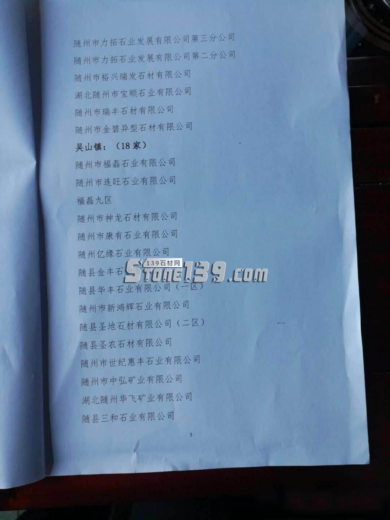 關于湖北省隨州市隨縣石材產業第一批驗收合格的石材加工企業名單