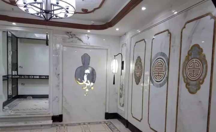 石材水刀拼花工藝 | 玄關電視背景墻設計案例