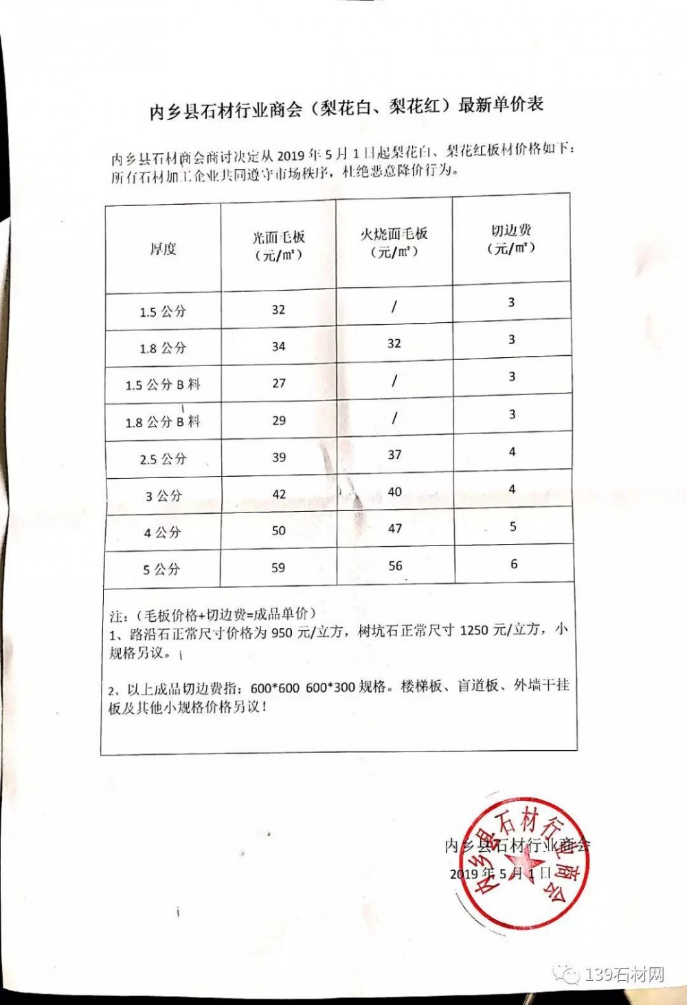 內鄉石材（梨花白、梨花紅）價格表